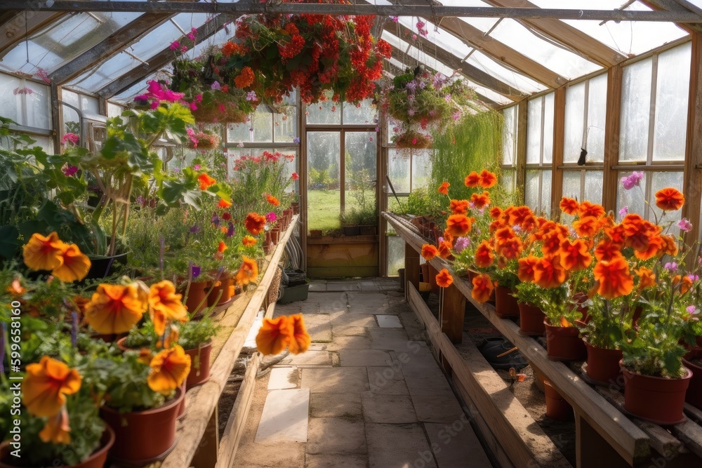 close-up of flowering greenhouse, with warm and welcoming atmosphere, created with generative ai