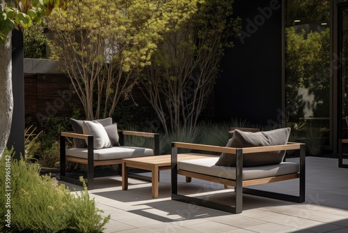 modern outdoor seating area features sleek lounge chairs and a coffee table  created with generative ai