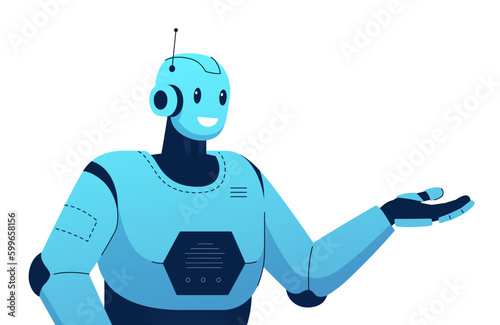 Vector illustration of a robot that smiles while demonstrating something with its hand. Can be used as a poster that conveys the idea of technological possibilities in the field of robotics.