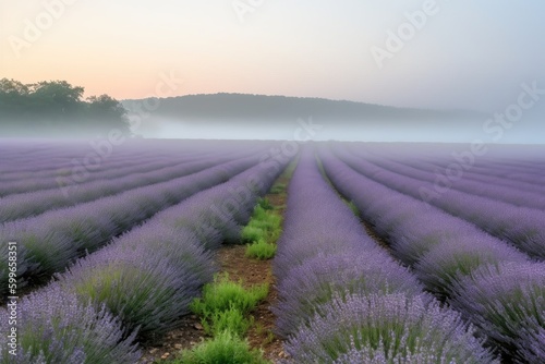 lavender field on a misty morning with fog rolling in  created with generative ai