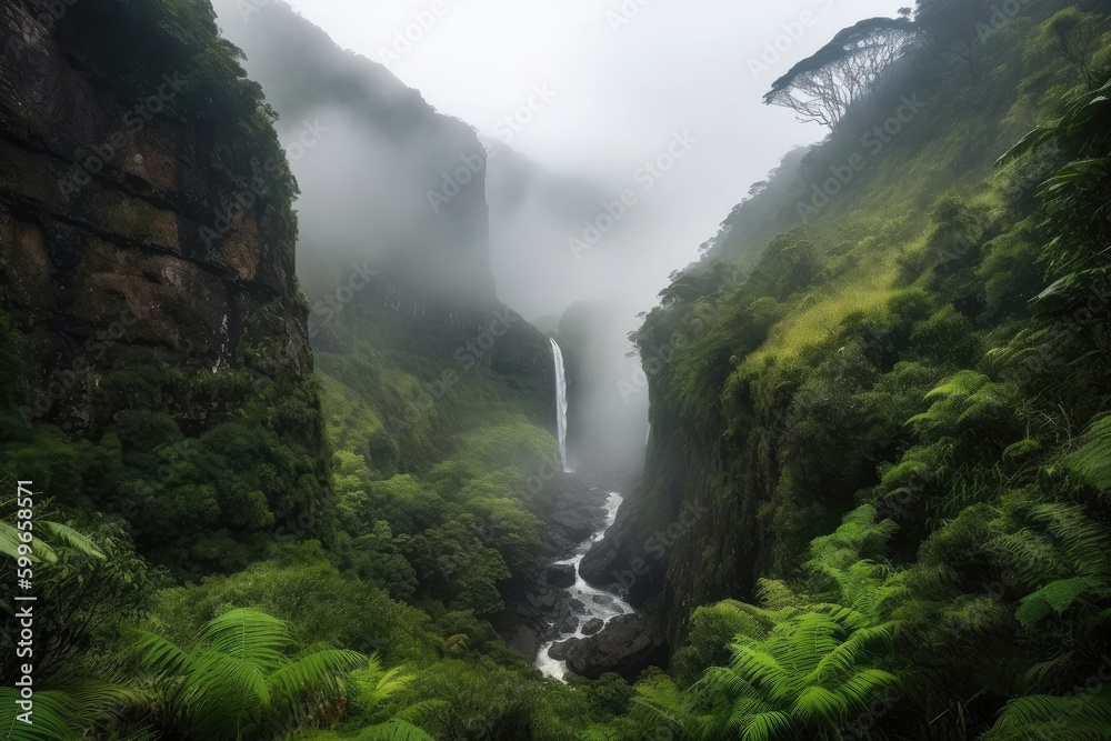 majestic waterfall, with view of the forest, surrounded by mist, created with generative ai