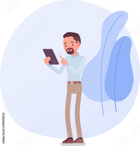 Businessman collection. Bearded charming businessmen using phone. Manager character design