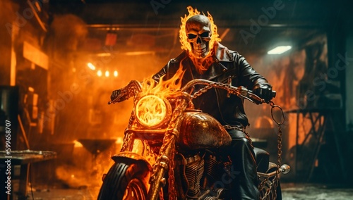 Ghost Rider with Flaming Motorcycle. Generative ai