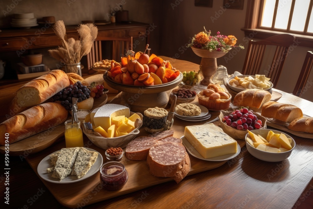 table setting with assortment of artisan breads, cheeses, and spreads, created with generative ai