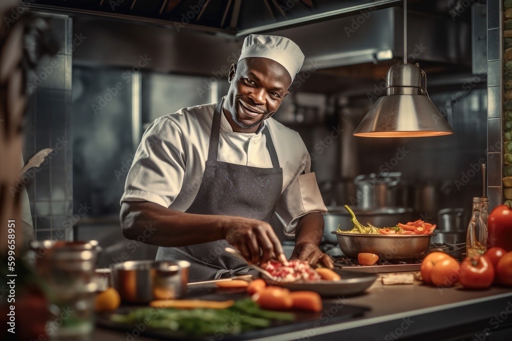 African chef cooking in the kitchen. Generated by AI