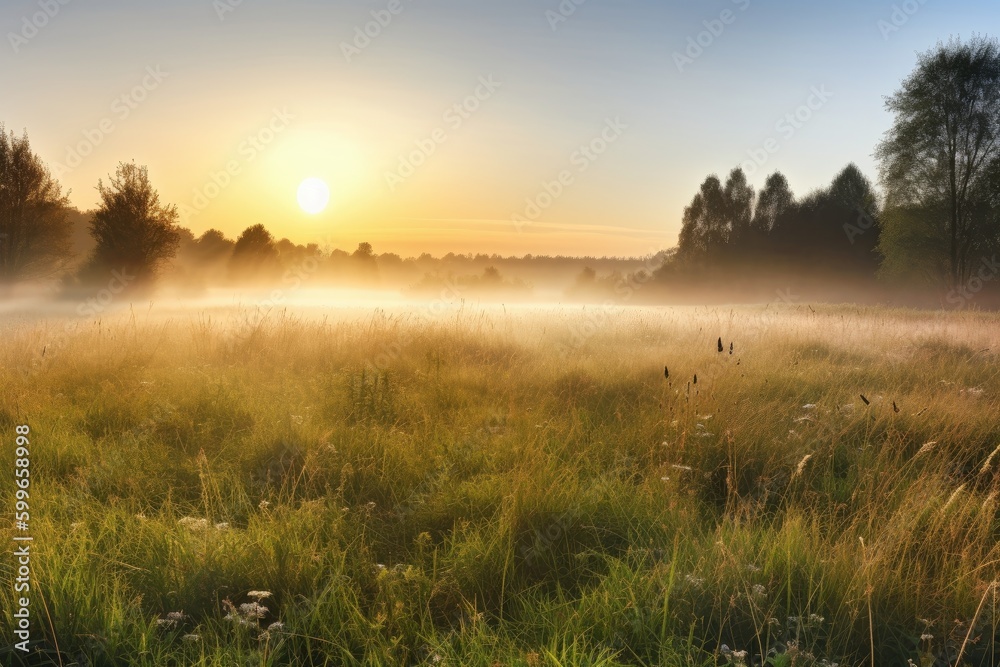 misty meadow, with a clear view of the sunrise, in serene and peaceful scene, created with generative ai