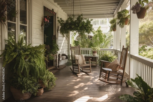 porch with rocking chair and potted plants  surrounded by lush greenery  created with generative ai