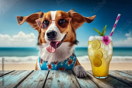 Funny Dog Drinking Cocktails at Beach Bar with Ocean View Background. Generative ai