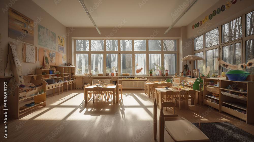 Montessori material, Kindergarten Preschool Classroom Interior, wooden furniture and toys, AI Generative