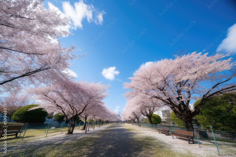 clear blue sky and cherry blossom bloom in park, created with generative ai