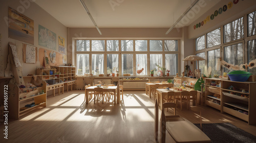Montessori material, Kindergarten Preschool Classroom Interior, wooden furniture and toys, AI Generative © Gasspoll