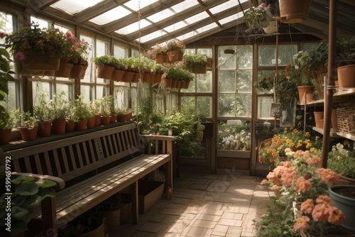 greenhouse with hanging baskets  flowering plants and wooden bench  created with generative ai