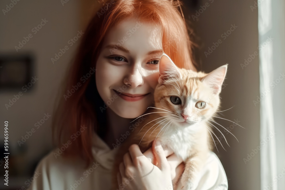 Young woman with red hair and her cat Generative AI Young woman with red hair and her cat Generative AI