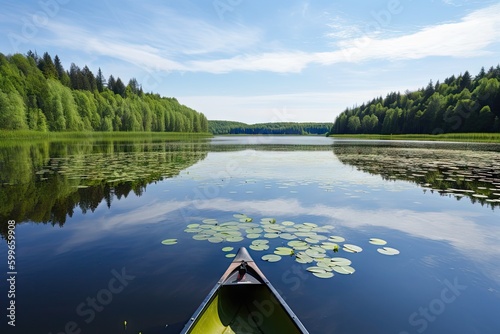 canoeing or kayaking on the calm waters of a lake, with beautiful scenery visible, created with generative ai