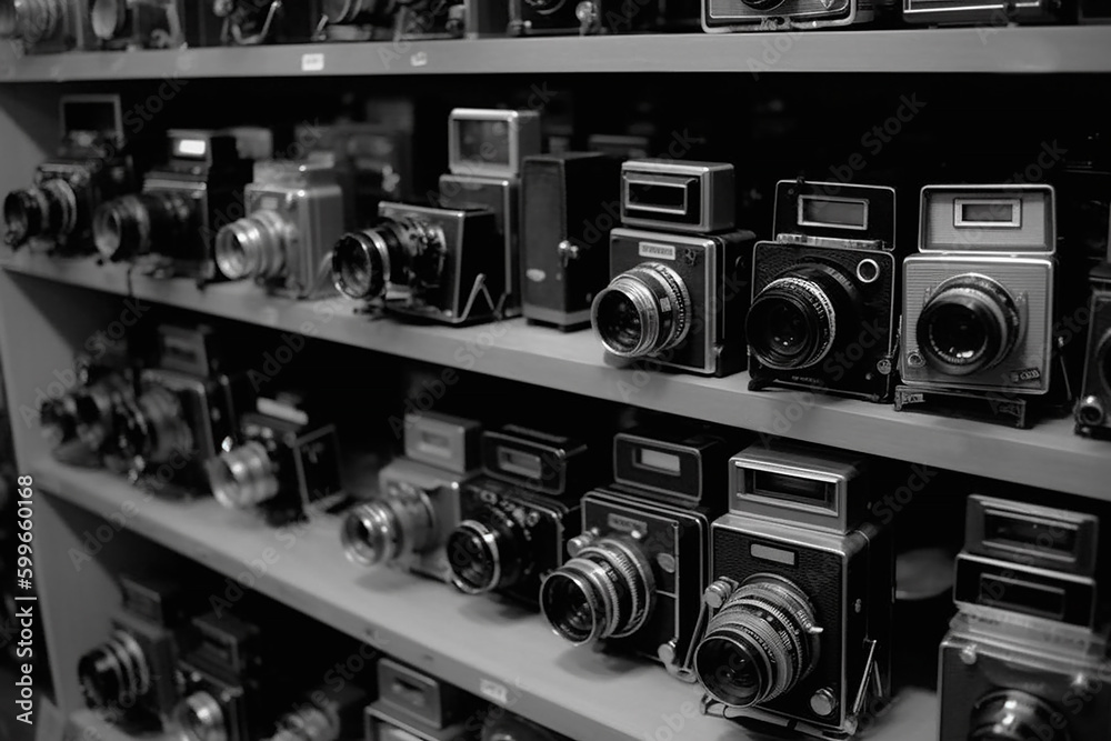 Old used analog photo cameras in shop window of a photo shop. Black and