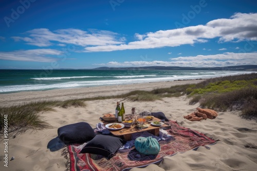picnic on beach with view of the ocean, wind in hair and warm sun, created with generative ai