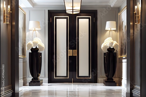 a pair of grand double doors, with towering vases and sleek modern lighting, usher guests into a business or hotel lobby, created with generative ai