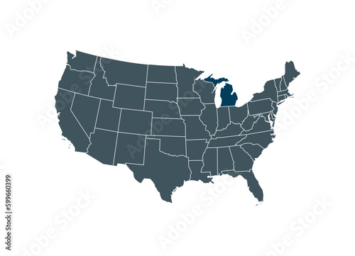 Map of Michigan on USA map. Map of Michigan highlighting the boundaries of the state of Michigan on the map of the United States of America.
