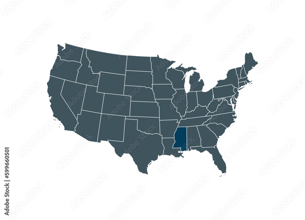 Map of Mississippi on USA map. Map of Mississippi highlighting the boundaries of the state of Mississippi on the map of the United States of America.