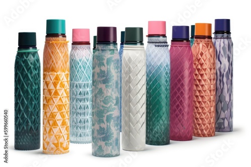 a stack of reusable water bottles in various colors and patterns, created with generative ai