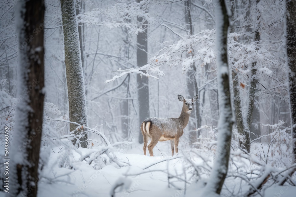 serene scene of snowy forest with newborn deer visible, created with generative ai serene scene of snowy forest with newborn deer visible, created with generative ai