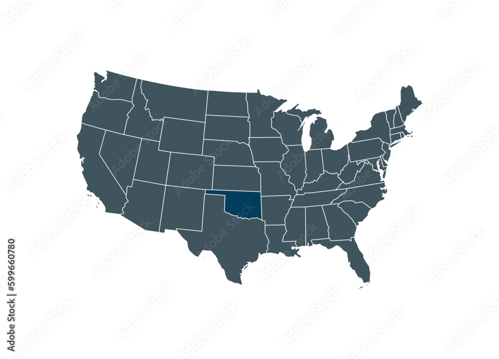 Map of Oklahoma on USA map. Map of Oklahoma  highlighting the boundaries of the state of Oklahoma on the map of the United States of America.
