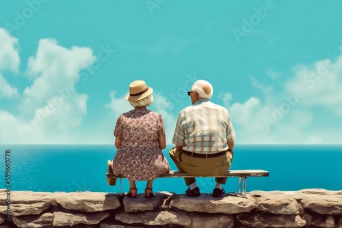 Papier peint Elderly Couple Looking Over the Ocean on Embankment