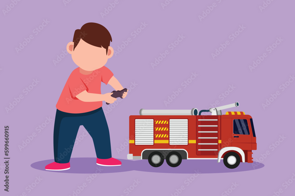 Character flat drawing happy little boy playing with remote controlled fire truck toy. Cute kids playing with electronic toy fire truck with remote control in hands. Cartoon design vector illustration Character flat drawing happy little boy playing with remote controlled fire truck toy. Cute kids playing with electronic toy fire truck with remote control in hands. Cartoon design vector illustration