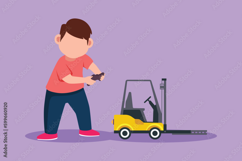 Character flat drawing of little boy playing with remote controlled forklift truck toy. Kids playing with electronic toy forklift truck with remote control in hands. Cartoon design vector illustration Character flat drawing of little boy playing with remote controlled forklift truck toy. Kids playing with electronic toy forklift truck with remote control in hands. Cartoon design vector illustration