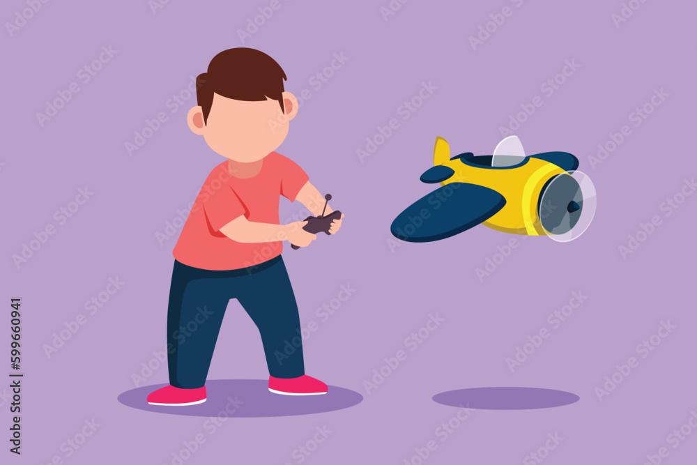 Graphic flat design drawing cuie little boy playing with radio control airplane. Smiling kid controlled flying RC aeroplane. Happy childhood, hobby, pastime concept. Cartoon style vector illustration Graphic flat design drawing cuie little boy playing with radio control airplane. Smiling kid controlled flying RC aeroplane. Happy childhood, hobby, pastime concept. Cartoon style vector illustration