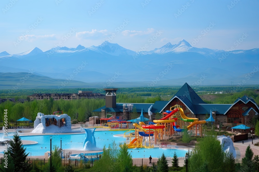 water park with view of scenic mountain range, with water slides and attractions visible in the foreground, created with generative ai