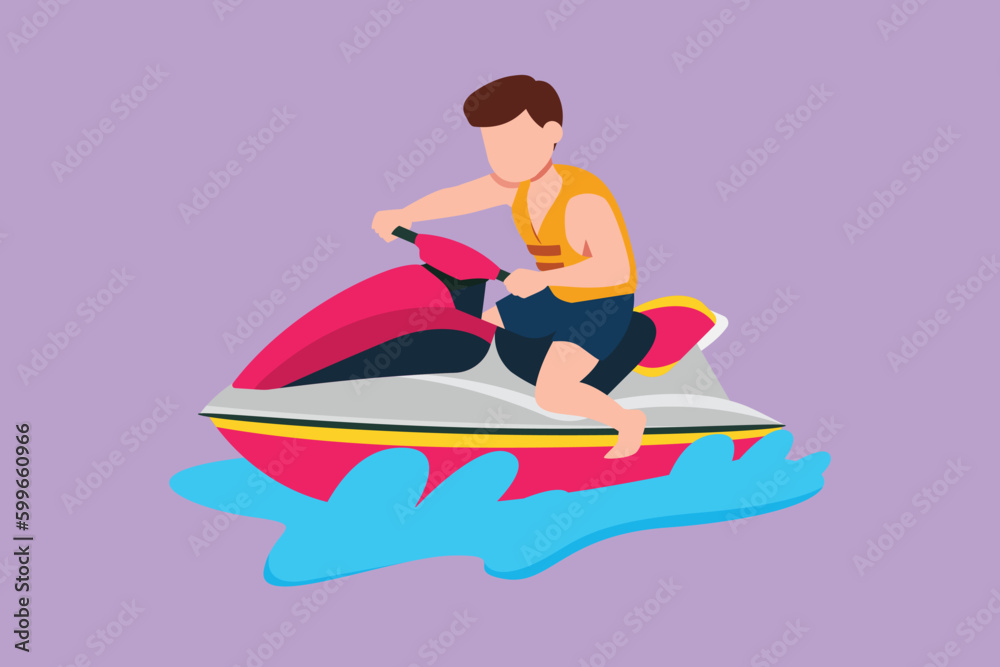 Cartoon flat style drawing of active little boy riding jet ski at beach. Happy smiling child with rides water scooter on ocean waves. Summer sea water sport concept. Graphic design vector illustration
