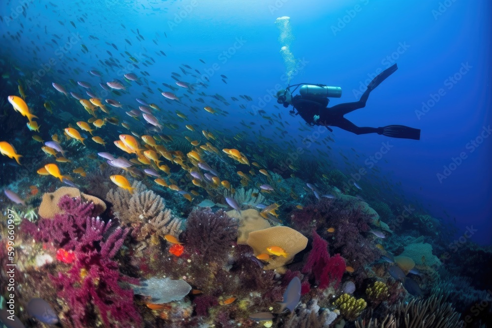 scuba diver swimming among schools of fish, with view of colorful reef in the background, created with generative ai