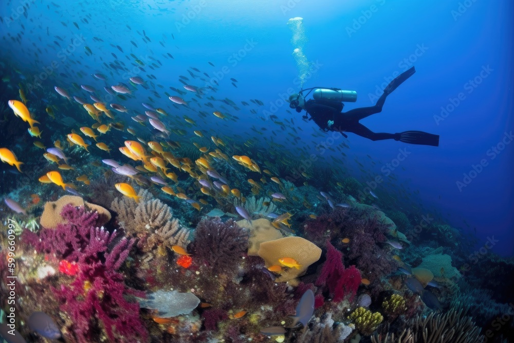 Obraz premium scuba diver swimming among schools of fish, with view of colorful reef in the background, created with generative ai