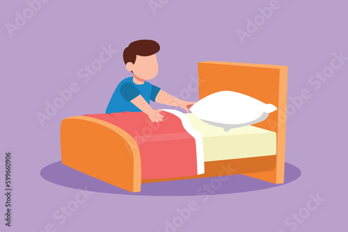 Cartoon flat style drawing adorable little boy making the bed at morning. Cute kids doing housework chores at home. Kids routine after waking up to tidy up the bed. Graphic design vector illustration