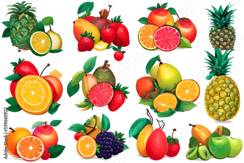 A set of exotic fruits and berries ( lemon, pineapple, strawberry, orange, pear ) with green leaves isolated on a white background. Generative AI.