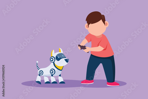 Character flat drawing adorable little boy playing with electronic toys dog robot with remote control in hands. Happy kids with remote control robot pet at school. Cartoon design vector illustration