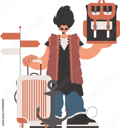 ﻿The individual is holding a travel rucksack and a pack. Constrained on white establishment. Trendy style, Vector Illustration