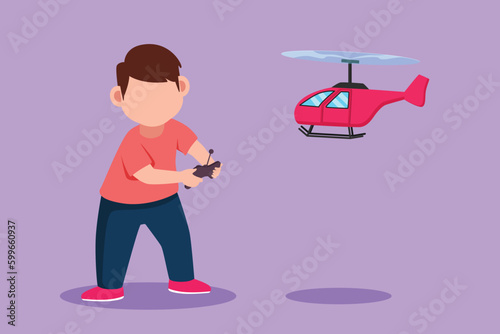 Graphic flat design drawing little boys playing with radio controlled toy helicopter. Cute kids playing holding RC controllers. Smiling excited children with RC toys. Cartoon style vector illustration
