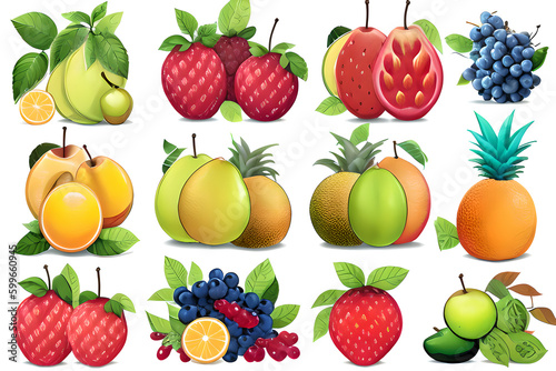 A set of exotic fruits and berries (lemon, grape, strawberry, apple, melon, pear, papaya, blueberry, currant) with green leaves isolated on a white background. Generative AI.