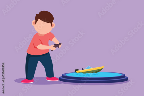 Graphic flat design drawing little boy playing with remote controlled motor boat toy. Happy kids playing with electronic motor boat toy with remote control in hands. Cartoon style vector illustration