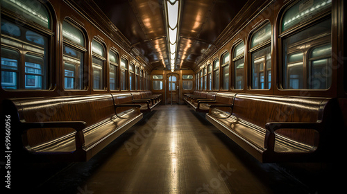 A subway car filled with lots of wooden benches, mirrored, AI Generative