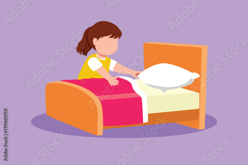Cartoon flat style drawing pretty little girl making the bed at morning time. Kids doing housework chores at home. Kids routine after waking up to tidy up the bed. Graphic design vector illustration