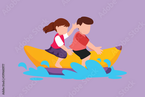 Character flat drawing children having fun on banana boat. Happy kids with rides banana boat on beach waves. Little boy and girl at holidays summer with water sport. Cartoon design vector illustration
