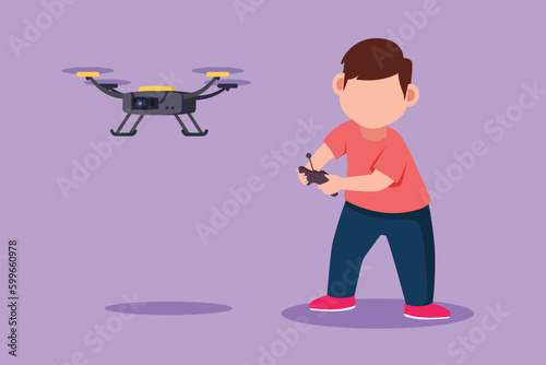Cartoon flat style drawing of cheerful little boy with remote control drone. Adorable kid playing with quadcopter. Happy child controlling flying robot camera drone. Graphic design vector illustration