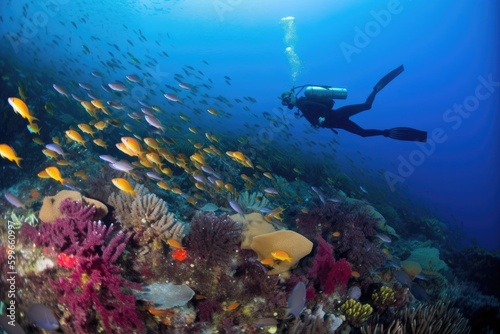 scuba diver swimming among schools of fish  with view of colorful reef in the background  created with generative ai