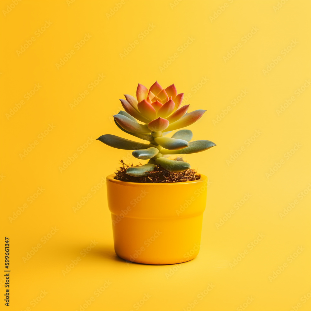 Pot of echeveria succulent on yellow background Generative AI