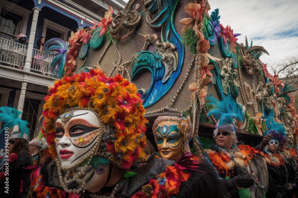mardi gras parade, with float featuring masked revelers dancing to music, created with generative ai