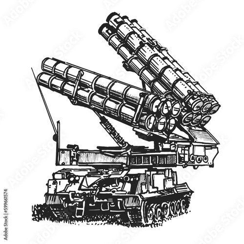 Multiple launch rocket system. Military vehicle. Hand drawing.