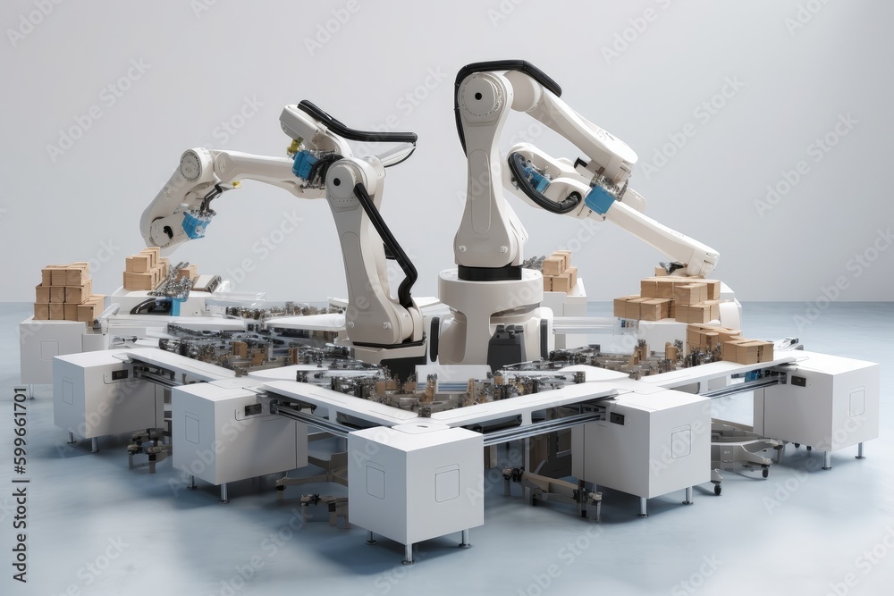 packaging and sorting robot with multiple arms, each one grabbing and placing products into boxes, created with generative ai